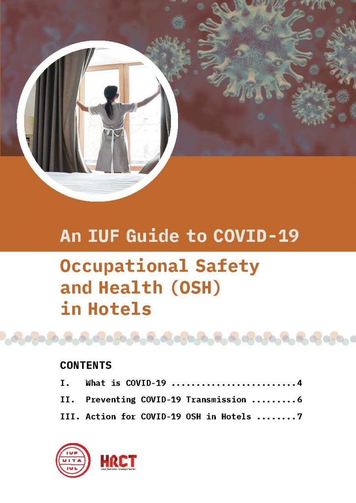 IUF graphic with a Guide on occupational safety and health in hotels due to COVID-19