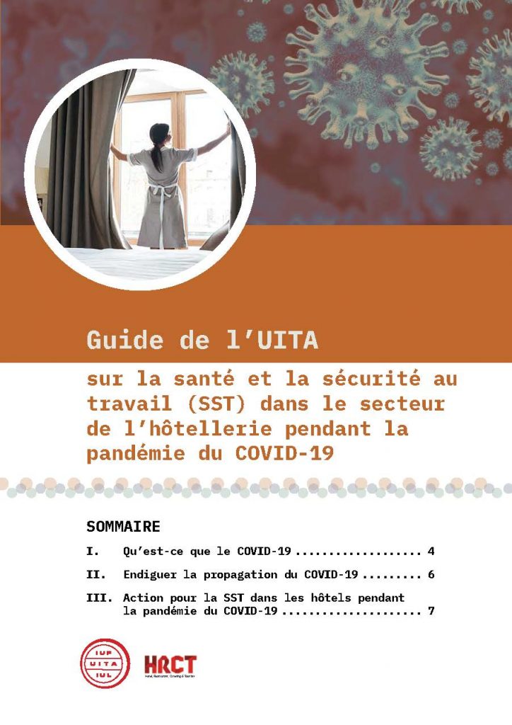 IUF graphic with a Guide on occupational safety and health in hotels due to COVID-19 in French