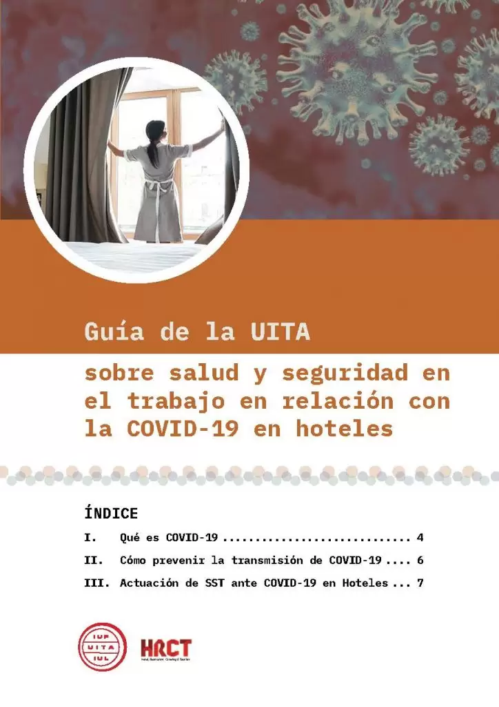 IUF graphic with a Guide on occupational safety and health in hotels due to COVID-19 in Spanish